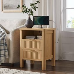 Fluted Night Stand with Charging Station, 23" Modern 2 Drawers End Table, Nightstand Set of 2 with Curved Profile Design, Bed Side Table for Bedroom, 