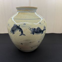 Vintage Korean Studio Pottery Vase Hand-painted Blue Fish Motif Crackle Glaze 9"