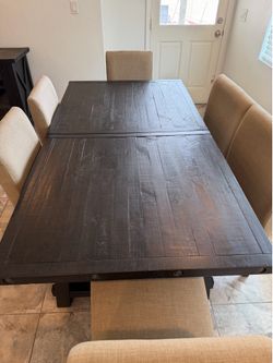 Industrial Style Wood and Metal Dining Room Table/Chairs and Buffet