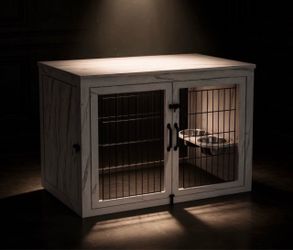Piskyet Wooden Dog Crate Furniture with 360°Rotatable Removable Dog Bowls, Dog Crate End Table with Tray, Double Doors Dog Kennels for XLarge Dogs
