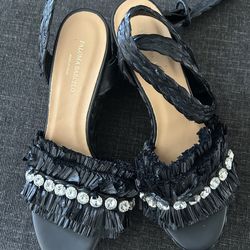 Paloma Barceló Wedge Sandals Women’s 10.5 – Black Raffia Rhinestone