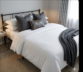 Modern Black Metal Platform Bed Frame & Mattress -Queen