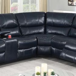 Brand New Blue Leather Power Reclining Sectional Sofa