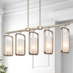 New 29.5" W 5 Lights Metal Linear Chandelier Adjustable Frames Golden Dimmable Adjustable Height 