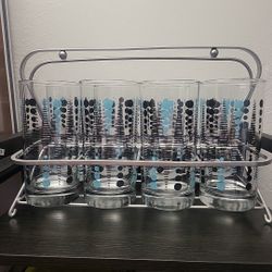 MCM LIBBEY TURQUOISE & BLACK DOTS DRINKING GLASSES/TUMBLERS SET OF 8 W/Rack-6”