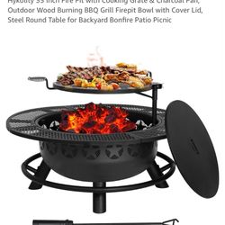 35 Inch Fire Pit with Cooking Grate & Charcoal Pan, Outdoor Wood Burning BBQ Grill Firepit Bowl with Cover Lid, Steel Round Table for Backyard Bonfire