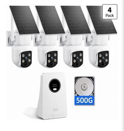Security Cameras Outdoor Wireless, 4 Cam-Kit, 4MP Solar Powered, Color Night Vision, 360° PTZ, 500G HDD Local Recording, No Monthly Fees