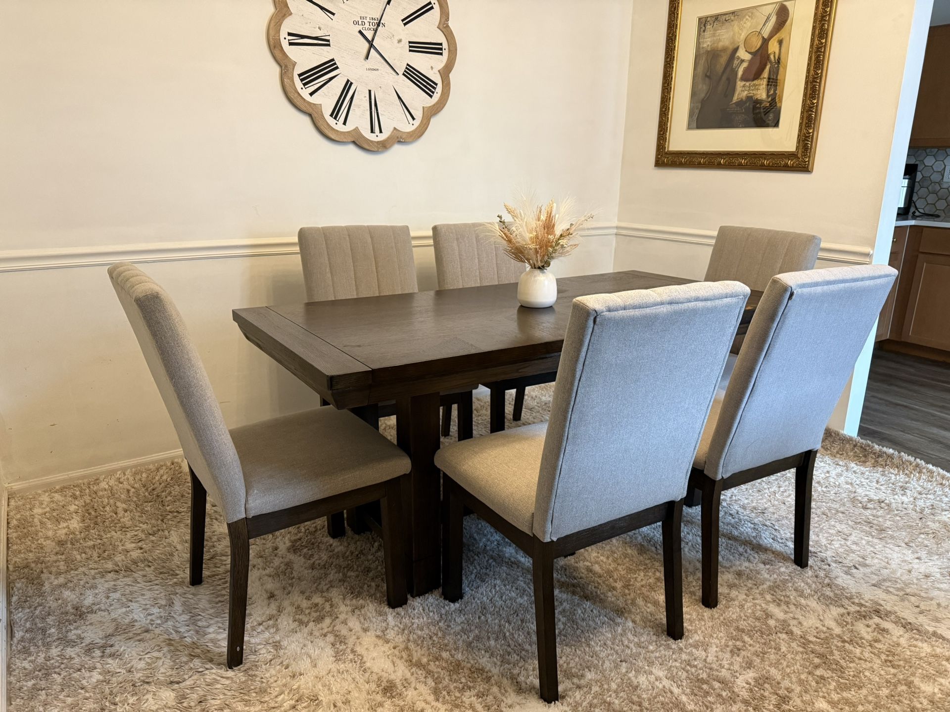 Modern 7-Piece Dining Set – Dark Wood Table with 6 Gray Chairs