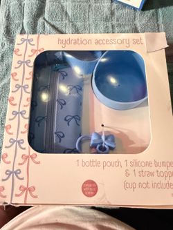 Hydration accessory set with bottle pouch silicone bumper and straw topper