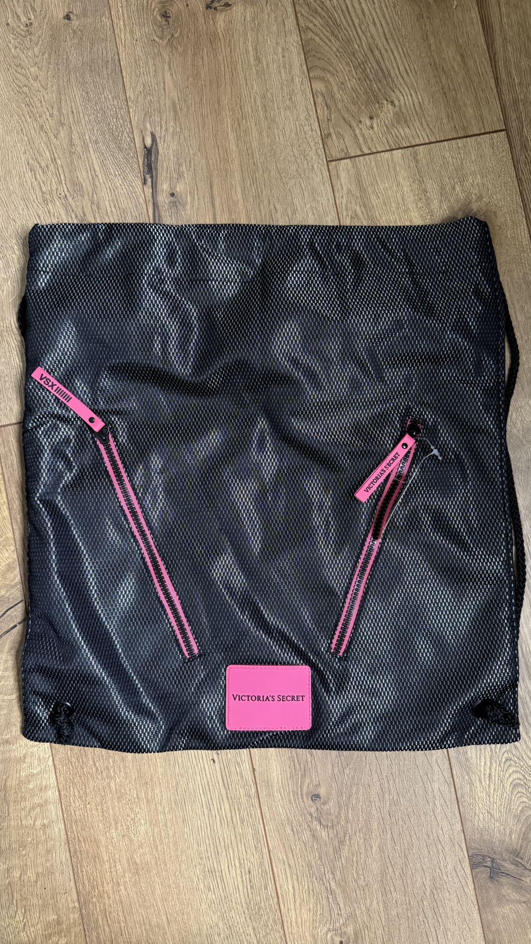 Victoria's Secret VSX Black Pink Drawstring Zipper Pockets Glimmer Backpack Bag