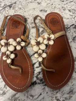 Tory Burch gold sandals with white baubles with brown size 5M