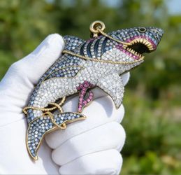 Exquisite Micro Pave 14K Gold Plated 5A Cubic Zirconia Shark Pendant With 24in Rope Chain Necklace