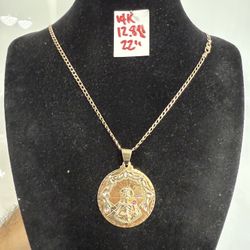 14K Solid Gold Chain and Pendant 12.8Gr 22 Inches Long 