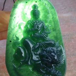 106778 VS Certified JADEITE Jade Hand Carved Blue Green Kwan Yin Guanyin Foo Dog Pendant