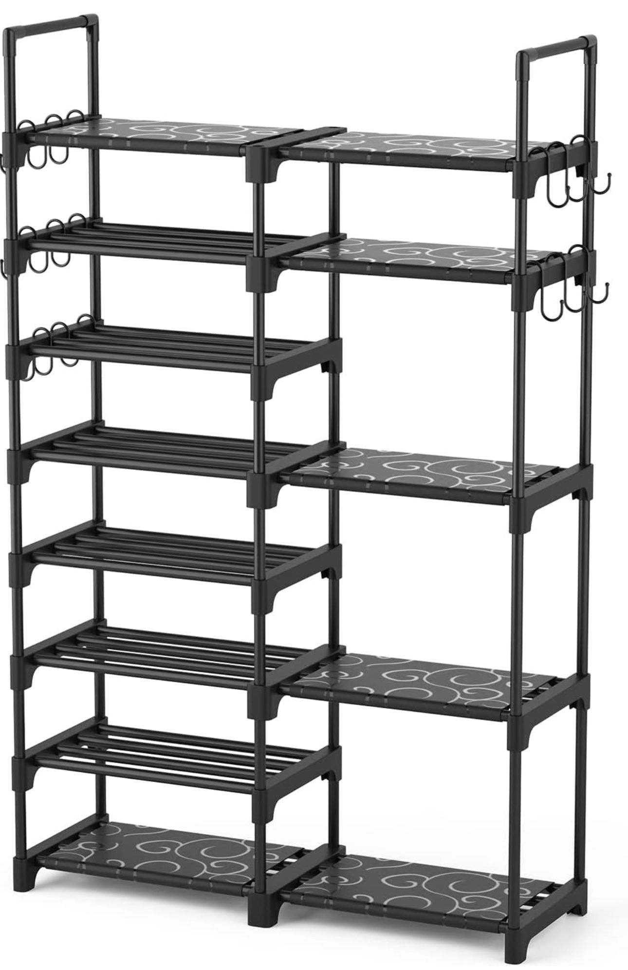 7-Tier Shoe Rack Organizer with Hooks, Black
