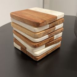 8 Wood And White Marble Coasters