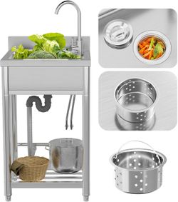 stainless steel Single Bowl Kitchen Sinks with 360°Swivel Faucet utility sink for Laundry Room and Outdoor Sink (22 inch)