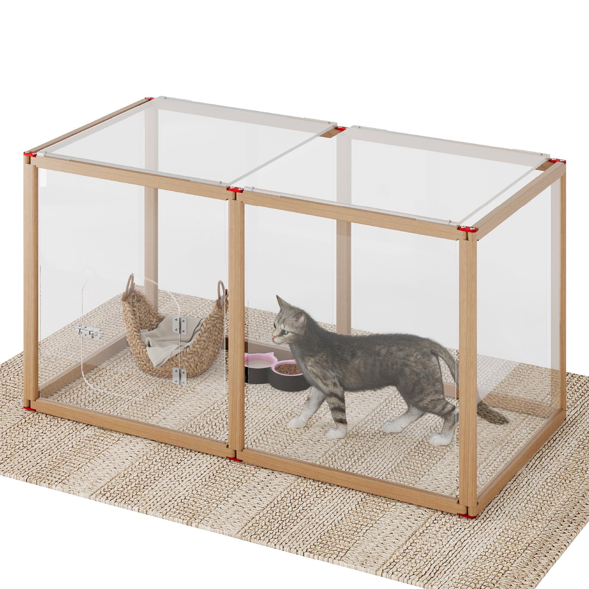 Pet Playpen, Dog Playpen Fence with Acrylic Panels & Wooden Rods, Clear Puppy Pen with Transparent Panels for Small Animals, Indoor Pets Fence Puppies
