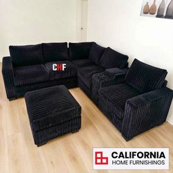 Modern Black Corduroy Sectional Sofa with Ottoman & USB Console, Cup Holders