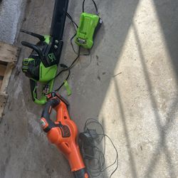 Green Works 14 Inch Chainsaw Only Used Twice And Black And Decker Leaf Blower