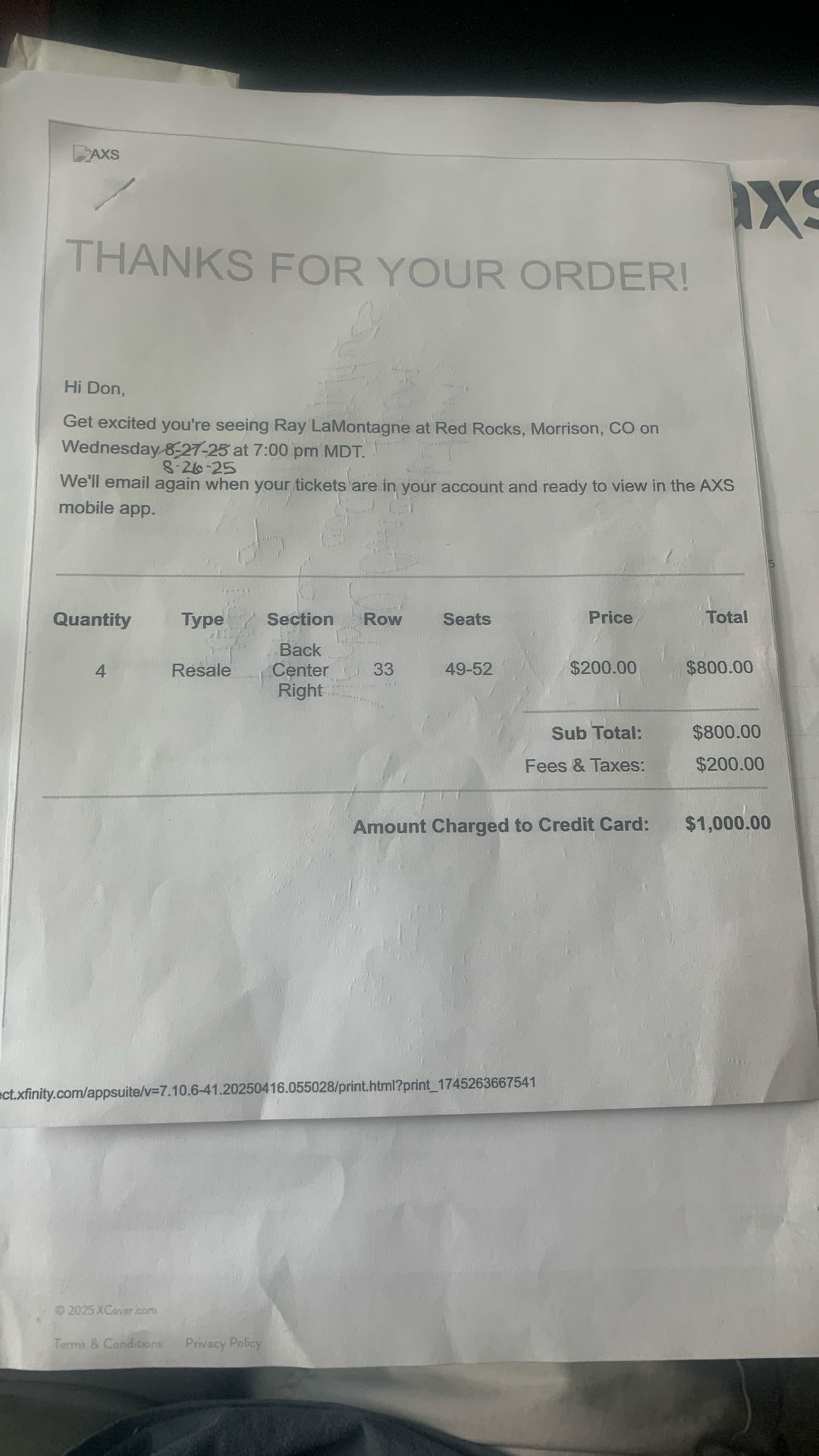 Ray LaMontagne  Concert tix 