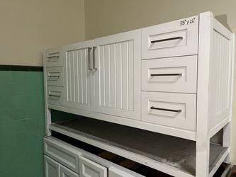 White bathroom vanity from Costco 59” x 22”