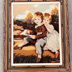 Vintage Framed Needlepoint Art Bowden Children by John Hoppner 1803 Regency England Wood Frame