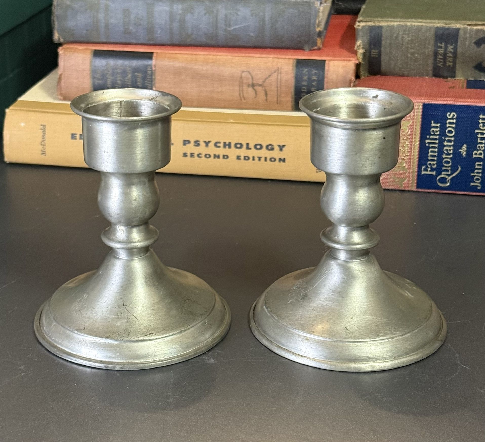 Set Of 2 Antique 1955s Leonard Weighed Genuine Pewter Candle Stick Holders 4.5”