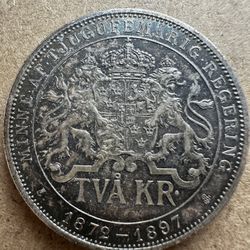1897 Swedish 2 Kronor silver coin minted to commemorate the 25th anniversary of King Oscar II's reign. 