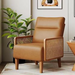 Beige Faux Leather Accent Chair Natural Rattan Armchair Upholstered Living Room Chairs Modern Slipper Chair for Club Reading Bedroom