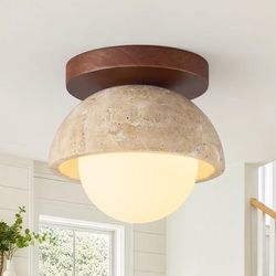 Natural Travertine Flush Mount Ceiling Light,Wabi Sabi Light Fixture 5.9" Small,Walnut Wood Ring