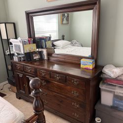 Dresser, Mirror, Matching Bed Frame And Queen Mattress 