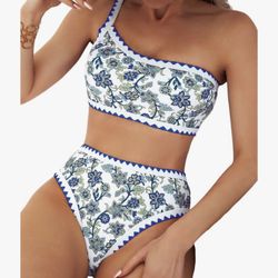 Womens 2 Piece Set Bikini Floral Swim Mod Paisley Print Whip Stitch One Shoulder Bikini Swimsuit-LARGE