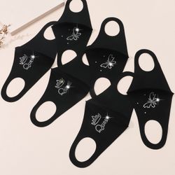 6pcs Black Polyester Cloth Face Mask , Rhinestone Letter Decor Face Mask