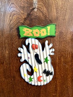 Vintage Halloween “BOO” Ghost Wooden & Corrugated Metal Wall Hanging