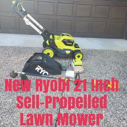 New Ryobi 21 Inch Self Propelled Cordless 40 Volt Brushless Lawn Mower  & Mulcher New 6ah Battery & Charger Plus One Used Detachable Trimmer