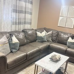 L Shaped Sectional Grey Leather Sofa