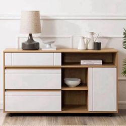 New Mid Century Modern Sideboard Buffet Entryway Storage Cabinet Credenza in Coastal Oak and Solid White