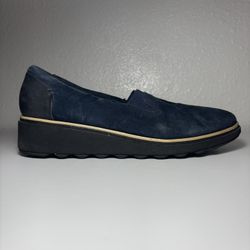Clarks Sharon Dolly Slip On Shoe Low Wedge Loafer Blue Suede Women’s Size 10