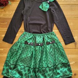 SIZE 8 GIRLS 2-PIECE SET SPECIAL OCCASION BLQCK & EMERALD GREEN POLKA-DOT FLORAL LONG-SLEEVE W/MATCHING SKIRT