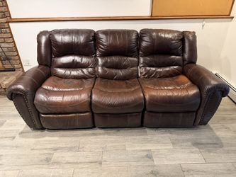 Electric Power Reclining Sofa + Loveseat Set Brown Leather Nailhead Trim