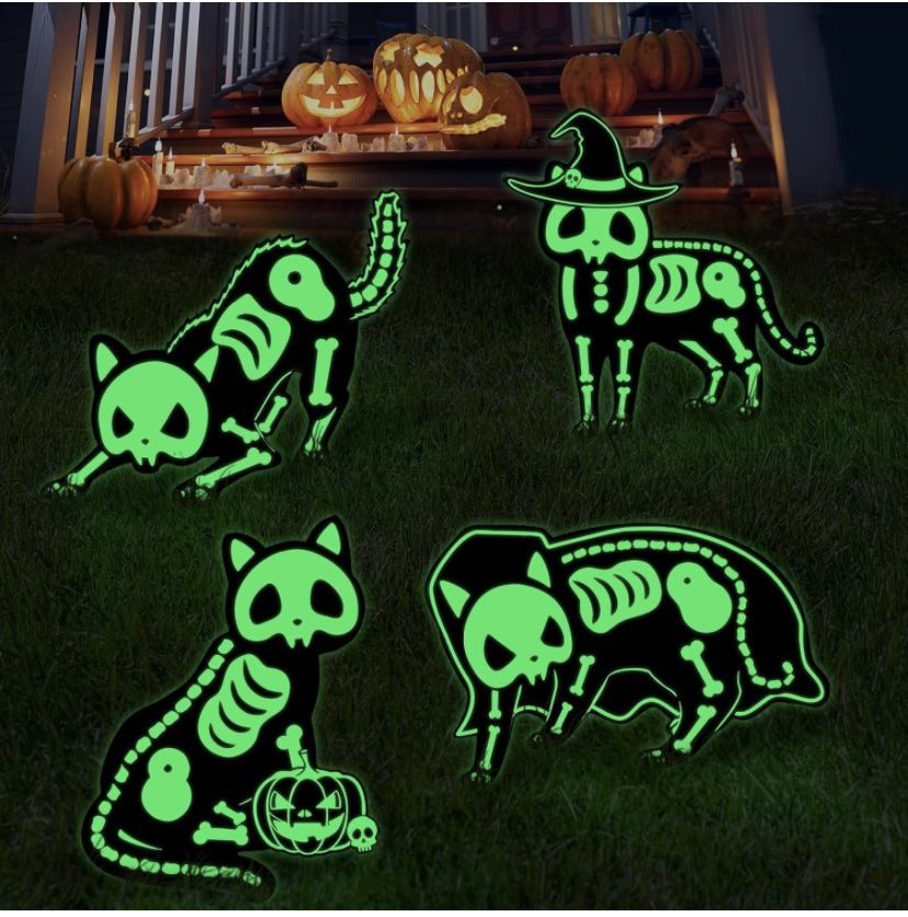 DISHIO Halloween Decorations Yard Signs Outdoor Glow in The Dark 4PCS Black Cat Signs Skeleton Reflective Cat Silhouette Yard Sign Stakes for Home, Cr