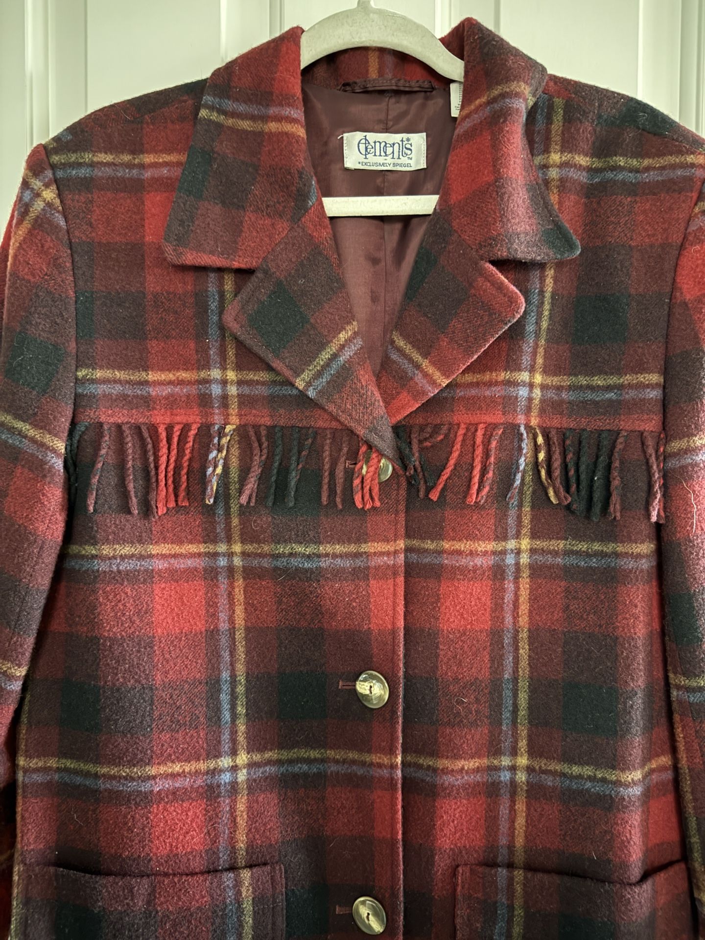 Elements Exclusively Spiegel Red Plaid Pea Coat With Chest Fringe Acrylic Wool