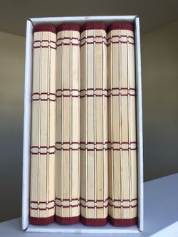 Set of 4 All Natural Bamboo Placemats with Maroon Edges and Details NEW in box 