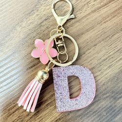 Pink Glitter Flower Keychain Letter D