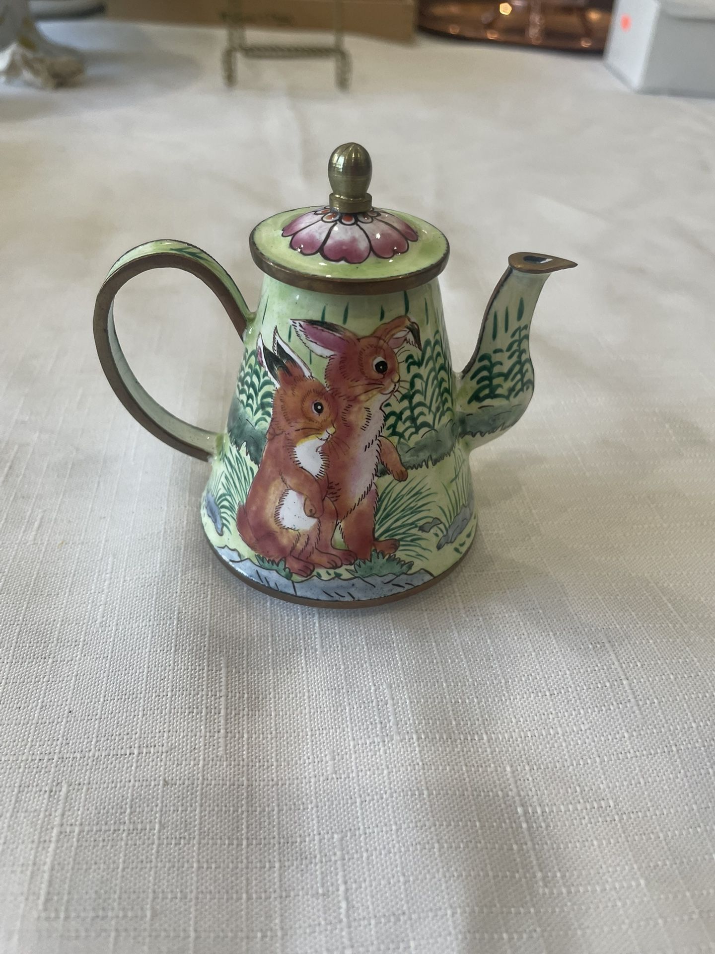 Mini Rabbit Tea Pot Cafe Vintage Mini Enameled Brass Bunny Art Lidded Teapot - Kelvin Chen Brass ...
