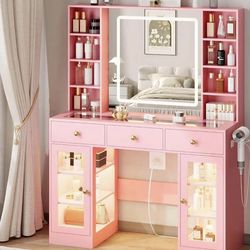 Pink Vanity Desk with Mirror and Lights, Glass Top Vanity with Lighted Mirror & RGB Cabinet and 3 Drawers, Dressing Table with 8 Shelves, Makeup Desk 