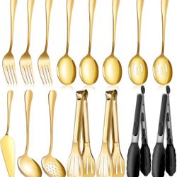 15pcs Gold Serving Utensils Set for Partie, Stainless Steel Metal Large Serving Spoons, Slotted Spoo