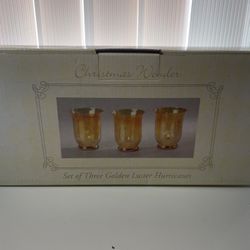 Brand New Open Box Set Of 3 Golden Luster Hurricanes Holiday Candles House Decor