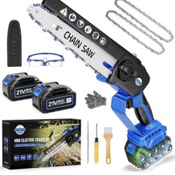 Mini Chainsaw 8-inch, Portable Electric Chainsaw Cordless, Handheld Power Chain Saw with 2 Batteries, Garden Tools for Tree Trimming Wood Cutting, Gif
